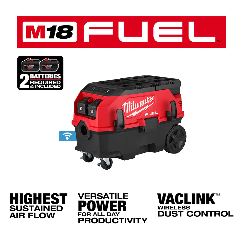 Ensemble de dépoussiéreur de 9 gallons à deux blocs-piles M18 FUELMC compatible avec PACKOUTMC et VACLINKMC