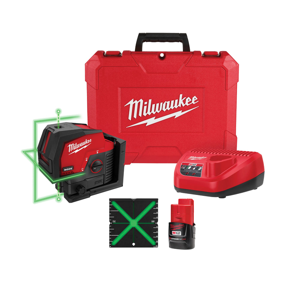 M12 12 Volt Lithium-Ion Cordless Green Cross Line and Plumb Points Laser Kit