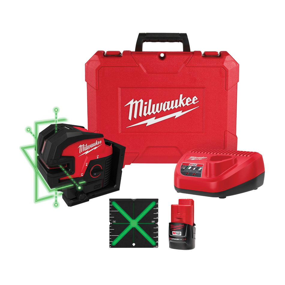 NIVEAU LASER VERT À POINT CROISÉ ET 4 POINTS, AVEC BATTERIE LITHIUM-ION, 12 V