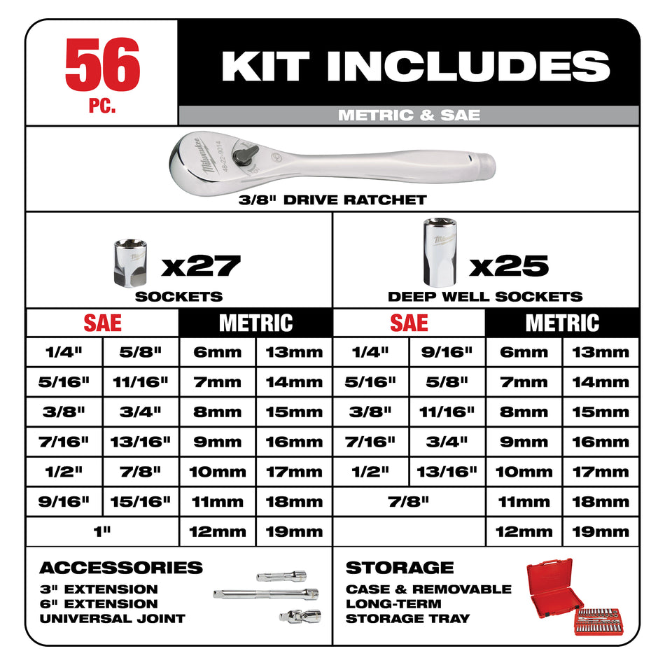 Jeu de clé à rochet et de douilles à prise de 3/8 po de 56 morceaux – SAE et métrique