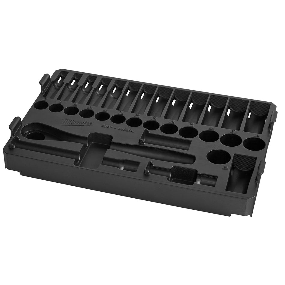 Jeu de clé à rochet et de douilles à prise de 3/8 po de 32 morceaux avec organisateur compact à profil bas compact PACKOUT – métrique