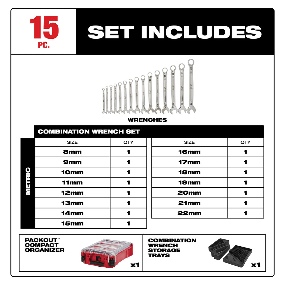 Ensemble de 15 clés mixtes métriques avec organisateur compact PACKOUTMC