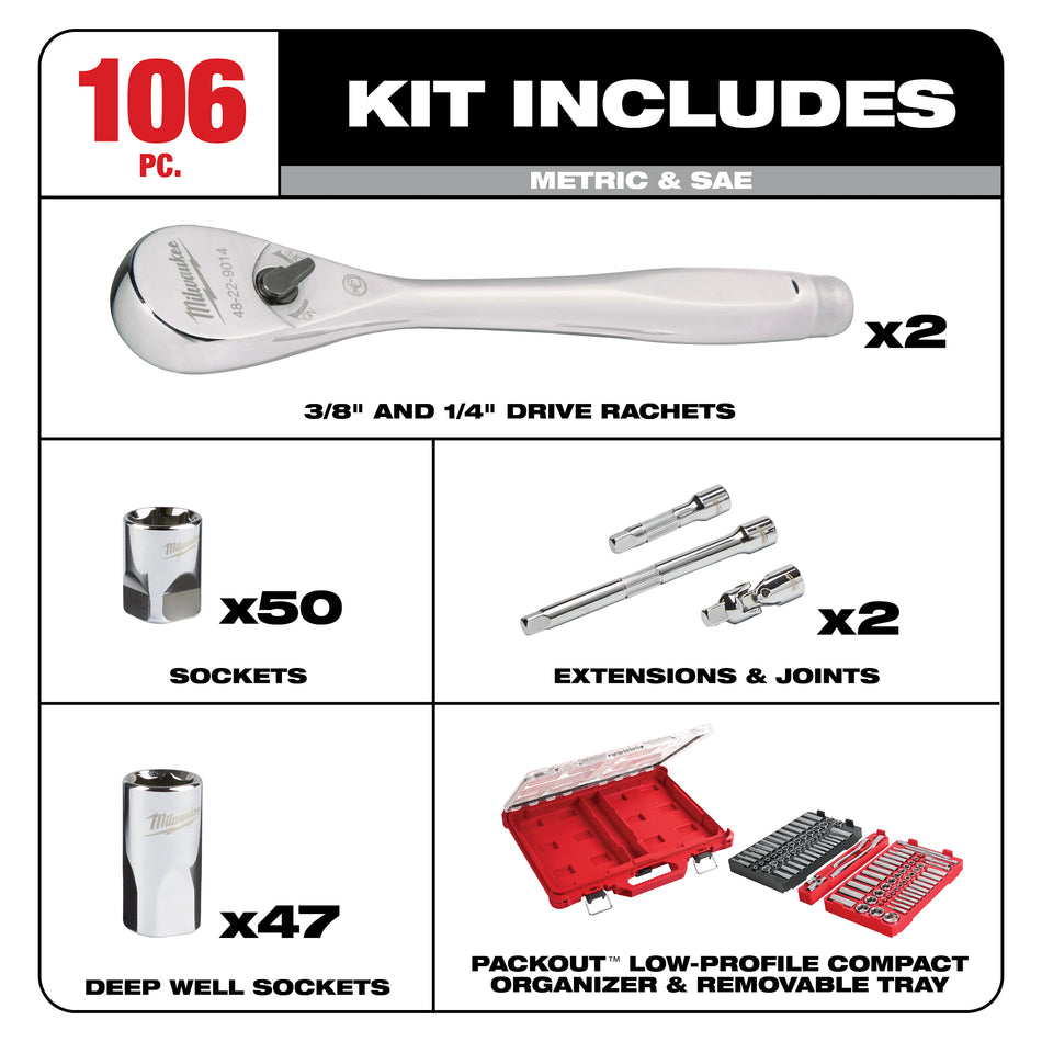 Jeu de clés à rochet et de douilles de 106 morceaux à prise de 1/4 et à prise de 3/8 po avec organisateur à profil bas PACKOUT – SAE et métrique