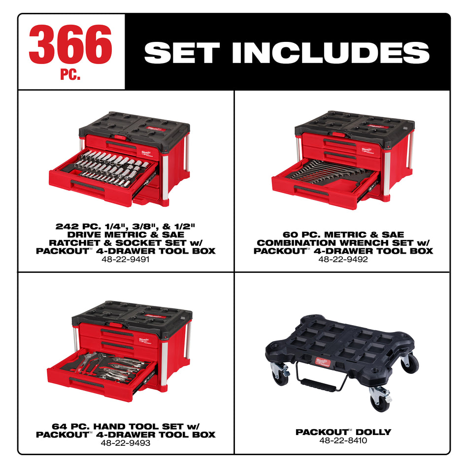 Ensemble professionnel de 366 outils à main de mécanicien avec tiroirs et chariot PACKOUTMC