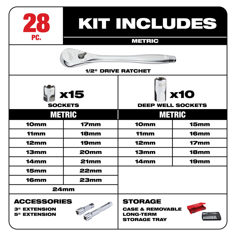 Jeu de clé à rochet et de douilles métrique à prise de 1/2 po 28 pc avec FOUR FLATMC