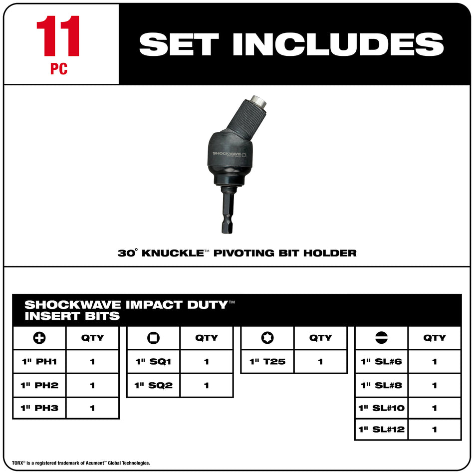 SHOCKWAVE IMPACT DRIVER BITS, 30-DEGREE COUNTERSINK BITS, 11-PIECE SET