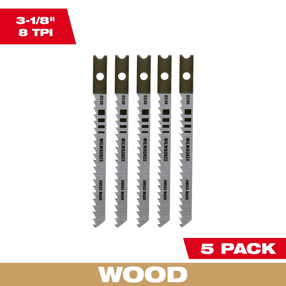 Lame de scie sauteuse 3-1/8 po 8 TPI en acier à haute teneur en carbone 5PK