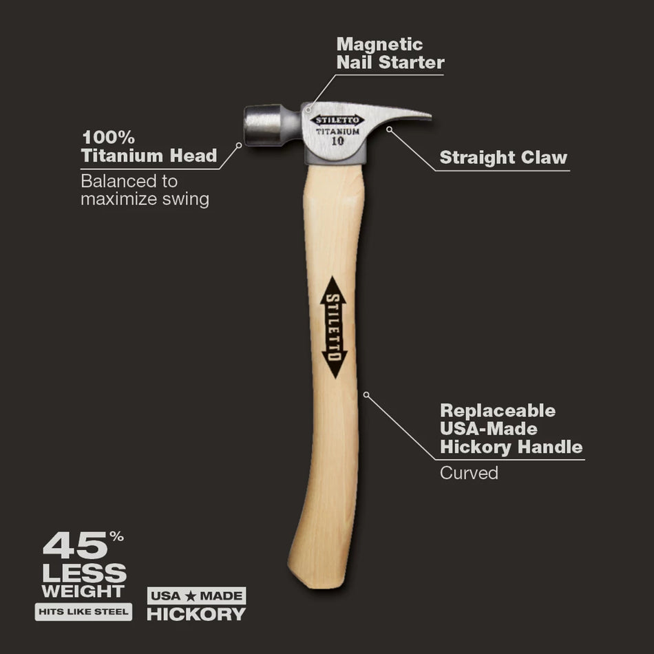 Marteau à face lisse en titane de 10 oz avec manche courbé en hickory de 14,5 po Manche courbé en hickory de 14,5 po