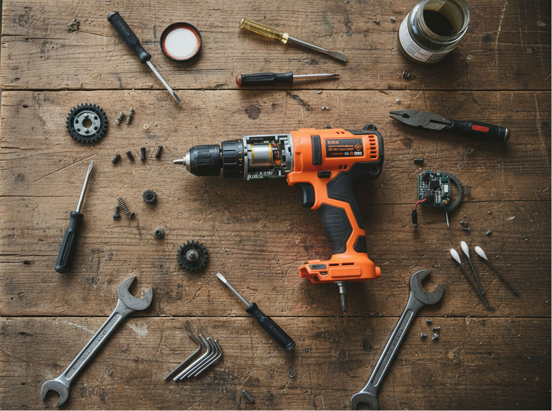 Workbench with a drill being repaired on top of it.