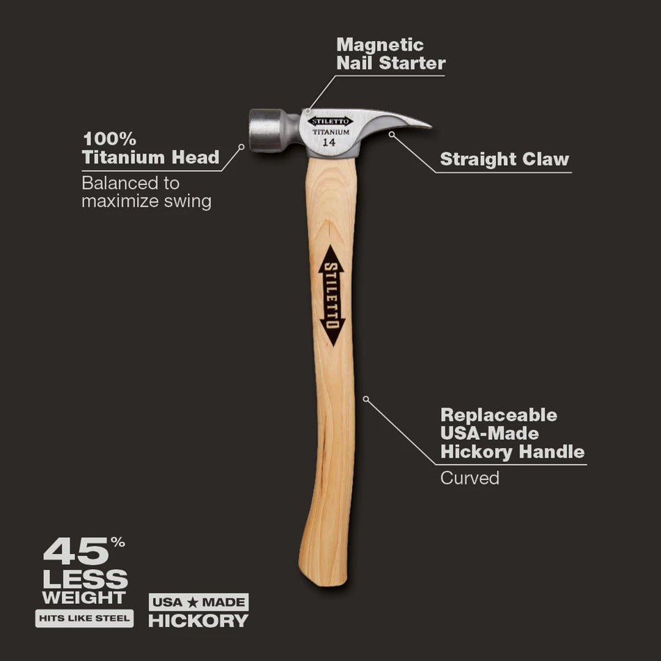 Marteau de 14 oz à face fraisée en titane avec manche en hickory courbé de 18 po Manche courbé en hickory de 18 po