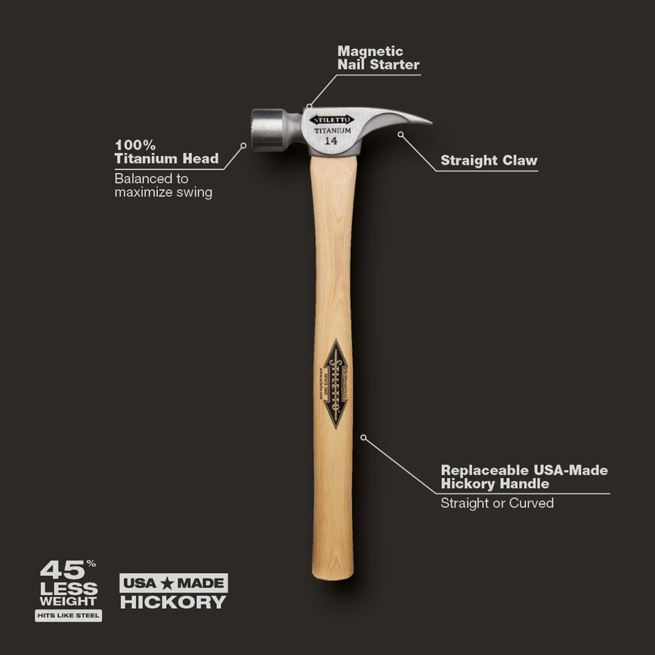 Marteau de 14 oz à face fraisée en titane avec manche droit en hickory de 18 po Manche droit en hickory de 18 po