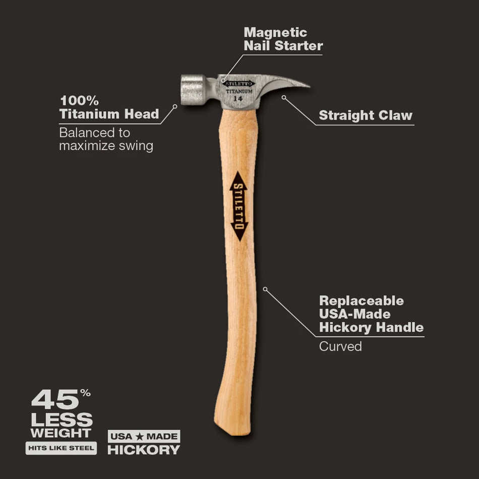 Marteau à face lisse en titane de 14 oz avec manche en hickory courbé de 18 po. Manche courbé en hickory de 18 po