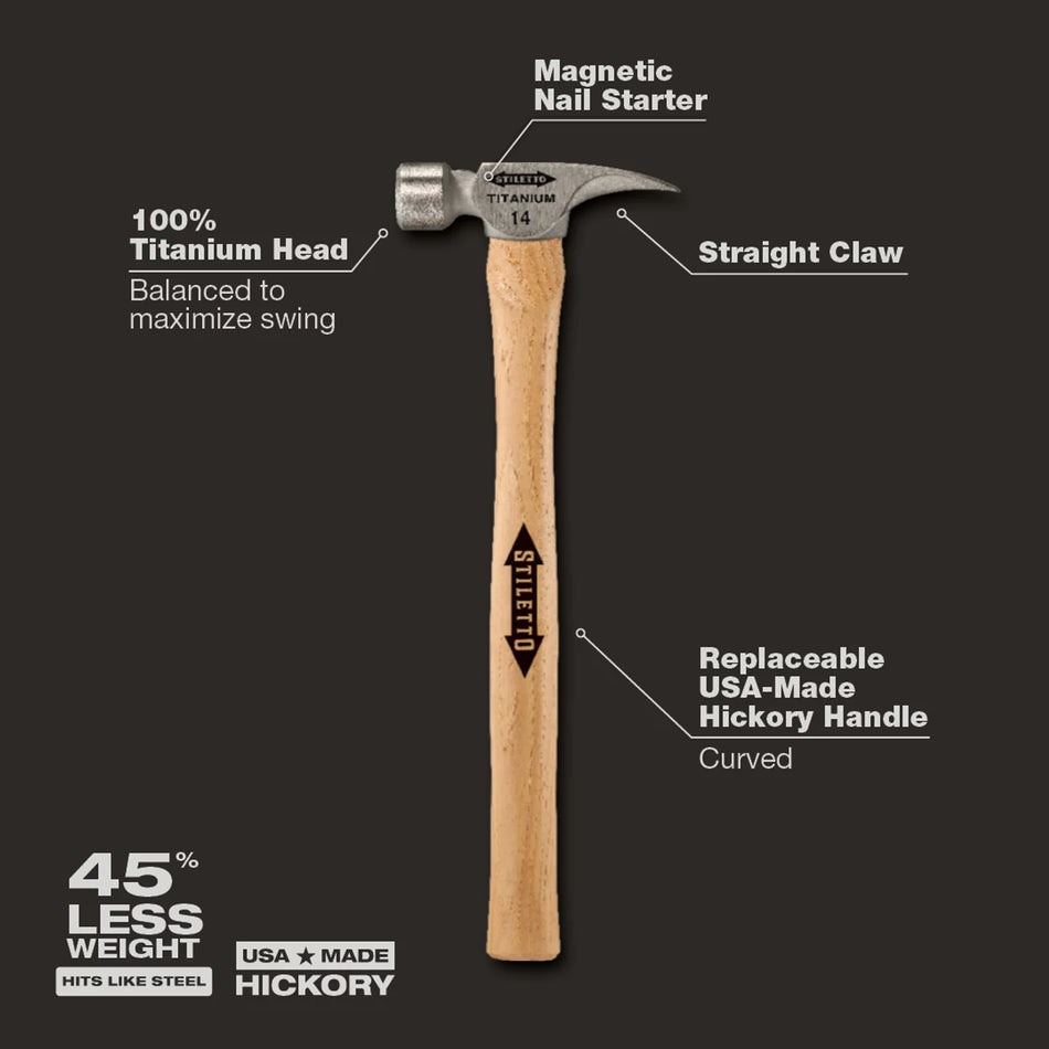 Marteau à face lisse en titane de 14 oz avec manche droit en hickory de 18 po Manche droit en hickory de 18 po